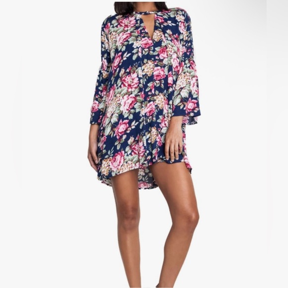 Umgee Navy Floral Trapeze Swing Cut Bell Sleeve Dress / Tunic Size L Large - Picture 2 of 14